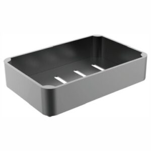 A black and grey bathroom sink basin with drainage slits, modern design for bathroom vanity installation.