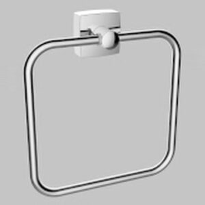 Elegant stainless steel towel ring mounted on white bathroom wall, ideal for modern bathroom accessories and towel storage solutions.