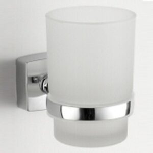 Modern wall-mounted bathroom glass holder with chrome accents for stylish bathroom storage.