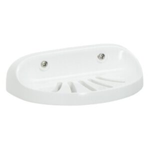 Elegant white soap dish with drainage slots, ideal for bathroom shower or sink area, made from durable ceramic or plastic material, perfect for organisation and hygiene.