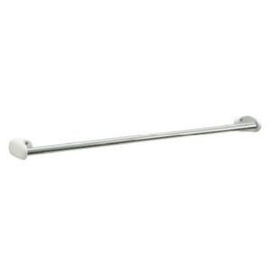 Chrome bathroom towel rail with white ceramic end caps for elegant towel hanging solutions.