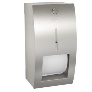 Stainless steel commercial paper towel dispenser, modern bathroom accessory for hygienic hand drying solutions.