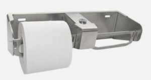 Durable stainless steel toilet paper dispenser and holder, ideal for commercial bathrooms, with easy-access design and robust construction for high-traffic facilities.