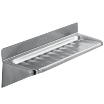 Stainless steel soap dish for bathroom shower and sink storage.