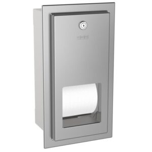 Lockable outdoor toilet paper dispenser with a sleek stainless steel finish, ideal for commercial and public restroom use. Durable, secure, and rust-resistant for long-lasting hygiene solutions.