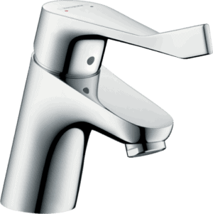 Brushed chrome bathroom sink faucet with single lever for modern bathroom designs.