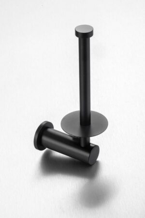Black toilet paper holder with a modern minimalist design for bathroom accessories.
