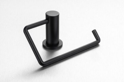 Black toilet paper holder with a modern minimalist design for bathroom decor and functionality. Perfect for stylish and practical bathroom accessories.