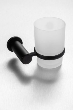 Elegant wall-mounted bathroom tumbler holder with frosted glass and black metal frame, ideal for modern bathrooms. Perfect for storing toothbrushes, toothpaste, or other small essentials.