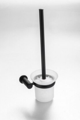 Black toilet brush with holder, modern bathroom cleaning accessory, durable and stylish toilet brush set, perfect for bathroom hygiene, available at Bathroom Store South Africa.
