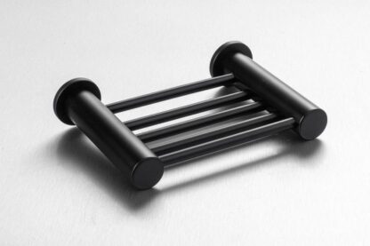 Black bathroom shower or bath towel rack with modern design, perfect for bathroom organization in South African homes.