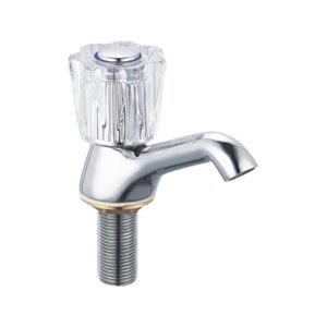 Clear acrylic kitchen or bathroom sink faucet with a chrome finish and threaded connection for easy installation.