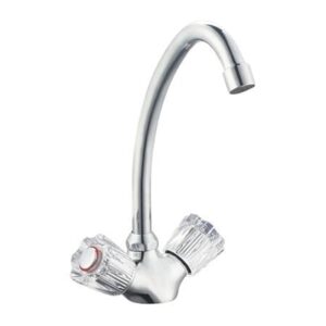 Chrome kitchen tap with dual control handles, durable and stylish for modern bathroom and kitchen renovations.