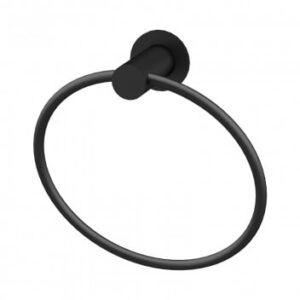 Black modern towel ring for bathroom decor and accessories, perfect for stylish and functional bathrooms.