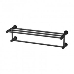 Contemporary black wall-mounted bathroom towel rack with double bars, ideal for modern bathroom decor and towel organization.