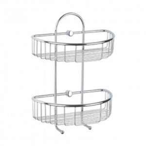 Chrome bathroom shower caddy for organizing toiletries and shower essentials, durable stainless steel design, ideal for modern bathrooms.