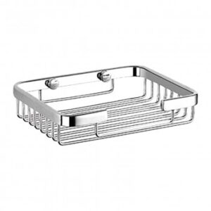 Sleek chrome bathroom soap dish with drainage rack, ideal for modern bathroom decor and countertop organization.