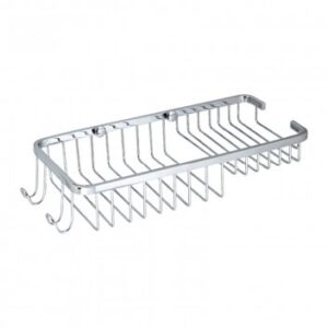 Stainless steel bathroom shower caddy with hooks, ideal for organizing toiletries and accessories in the shower or bathroom. Perfect for a tidy and functional space.