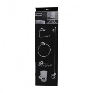Decorative bathroom towel accessories and holders on a black display stand for bathroom essentials.