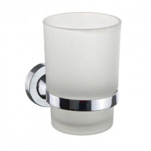 Chrome wall-mounted bathroom tumbler holder with frosted glass, ideal for modern bathroom decor. Durable and easy to install, perfect for holding toothbrushes and accessories.