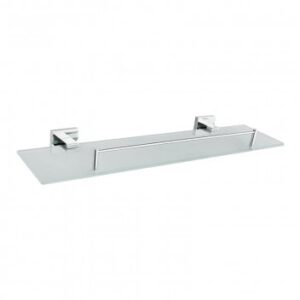 Sleek stainless steel bathroom shelf with wall-mount brackets, ideal for modern bathroom organisation and storage solutions.