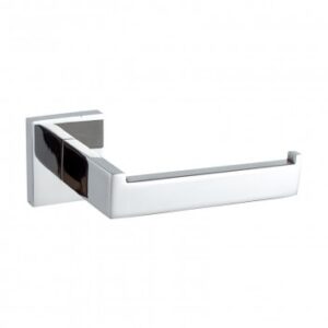 Chrome wall-mounted toilet paper holder, modern bathroom accessory for convenient toilet paper storage, durable stainless steel design.