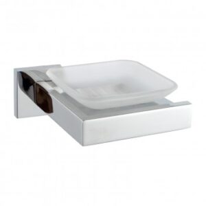Modern wall-mounted soap dish with sleek chrome finish, ideal for bathroom decor and organization.