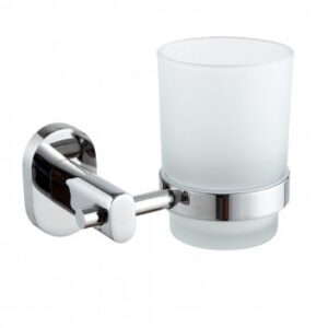Chrome wall-mounted tumbler holder with frosted glass for bathroom use.