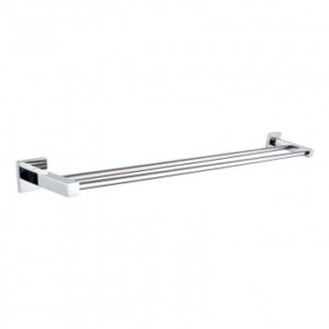 Chrome bathroom towel rack with dual bars, ideal for modern bathrooms and bathroom accessories.