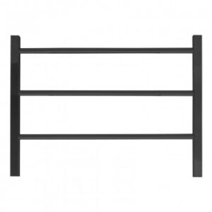 Heated towel rack in modern bathroom, black stainless steel for warmth and comfort, contemporary towel warmer, bathroom heating accessories, bathroom store South Africa.