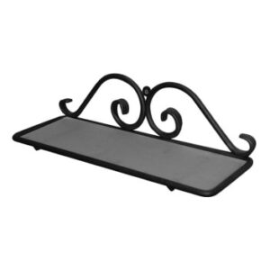 Elegant black wrought iron shelf with decorative scrolls, ideal for bathroom or living room decor, providing stylish storage and display space.