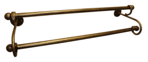 Brass double towel rail for bathroom decor and functionality.