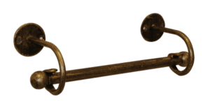 Rustic brass towel bar for bathroom decor, vintage bathroom accessories, antique wall-mounted towel holder.