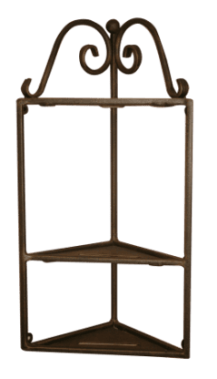 Elegant vintage metal bathroom corner shelf with ornate design, ideal for stylish bathroom storage solutions. Perfect for adding charm and functionality to your bathroom space.