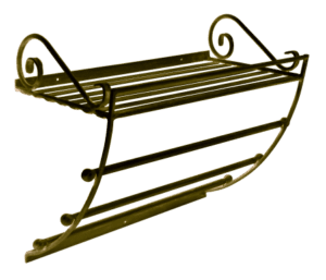 Rustic metal bathroom towel rack with elegant scroll details for stylish bathroom storage.