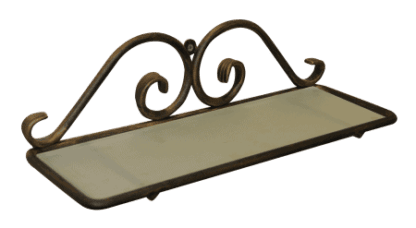 Decorative wall-mounted bathroom shelf with ornate wrought iron design and glass surface, ideal for storing toiletries and adding vintage charm.