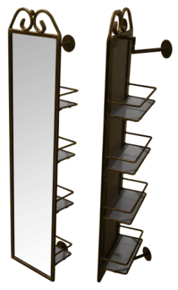 Full-length bathroom mirror with built-in shelving for bathroom storage, ideal for bathrooms, powder rooms, and vanity areas. Stylish and space-saving bathroom accessory.