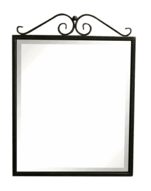 Elegant black-framed wall mirror with decorative wrought iron hanger, perfect for bathroom and bedroom decor, combining style and functionality for a luxurious space.