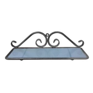 Elegant bathroom shelf with decorative black wrought iron design and clear glass surface, ideal for stylish bathroom storage and decor.