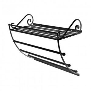 Elegant black metal bathroom towel rack with curved design, ideal for stylish bathroom organization and towel storage. Durable and modern design for a functional bathroom accessory.