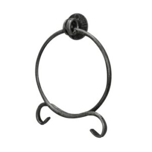 Ornate black iron bathroom towel ring for elegant bathroom decor and functional towel storage in South African homes.
