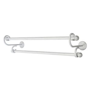 Two white bathroom towel bars mounted on a wall, ideal for bathroom storage and organization. Perfect for keeping towels within reach in modern or traditional bathrooms.