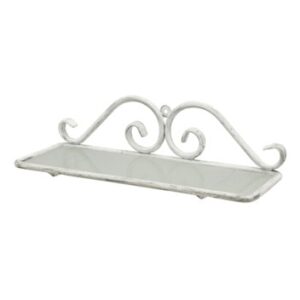 Elegant white wrought iron wall shelf for bathroom organisation and decor, ideal for holding toiletries and accessories. Perfect for enhancing bathroom aesthetics.