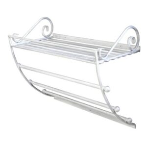 Sleigh-style white bathroom towel rack with elegant scroll details, ideal for bathroom organization and decor, durable steel construction for long-lasting use.
