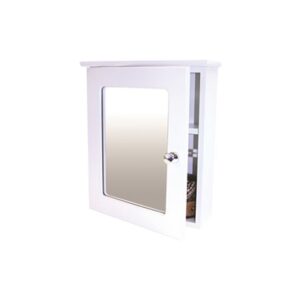White bathroom medicine cabinet with mirror and storage shelves for bathroom organisation, ideal for bathroom renovations and fittings.