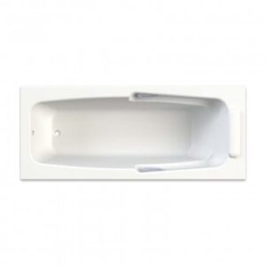 Bathtub image from Bathroom Store, white acrylic bathtub with safety handles, top view, modern bathroom essential, durable and stylish for home renovation, South Africa fitment options.