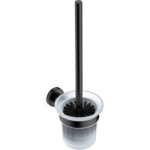 Black toilet brush and holder set for bathroom cleaning and hygiene.