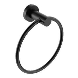 Black circular towel ring with mounting bracket, ideal for bathroom accessories and modern bathroom decor.