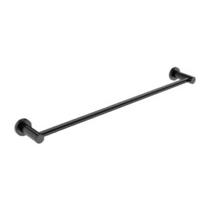 A sleek black bathroom towel rail mounted on a white background, ideal for modern bathroom decor and towel organisation.