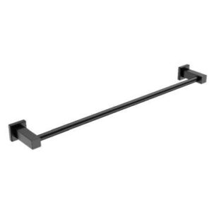 Sleek black towel rail for modern bathrooms, made from durable materials for long-lasting use and stylish storage. Perfect for towel organisation in contemporary bathrooms.